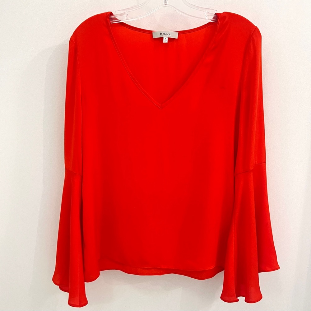 Milly Silk V-Neck Blouse with Flared Sleeves